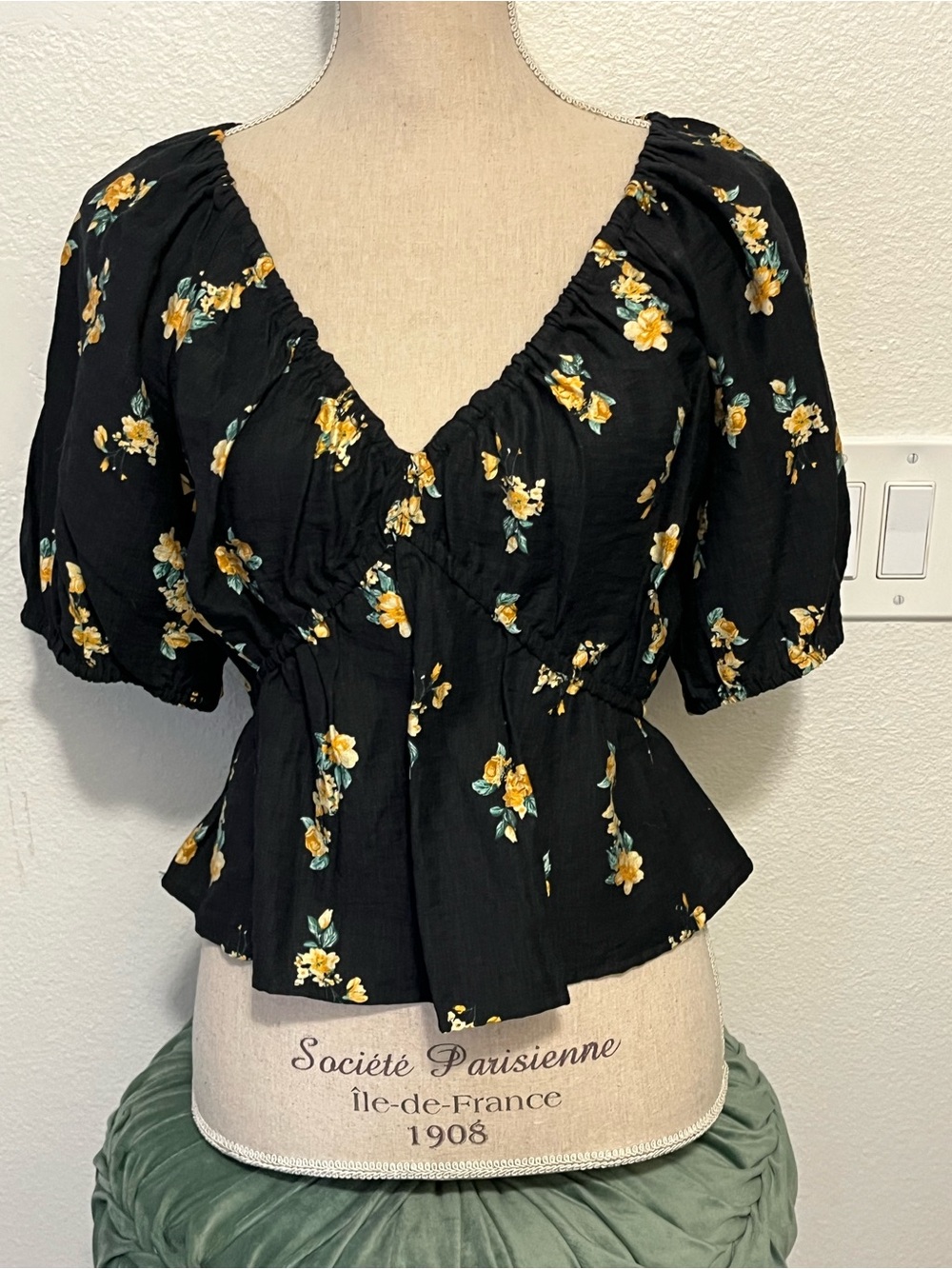 a new day Black Floral Ruched Peplum Top with Yellow Flowers